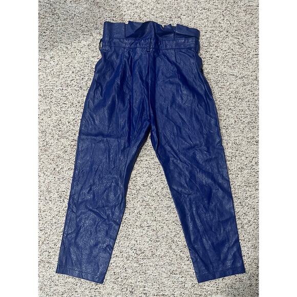 NWOT Venti6 Pants Womens Blue Faux Leather Tie Waist Paperbag Vegan Ankle Sz L - Picture 3 of 8